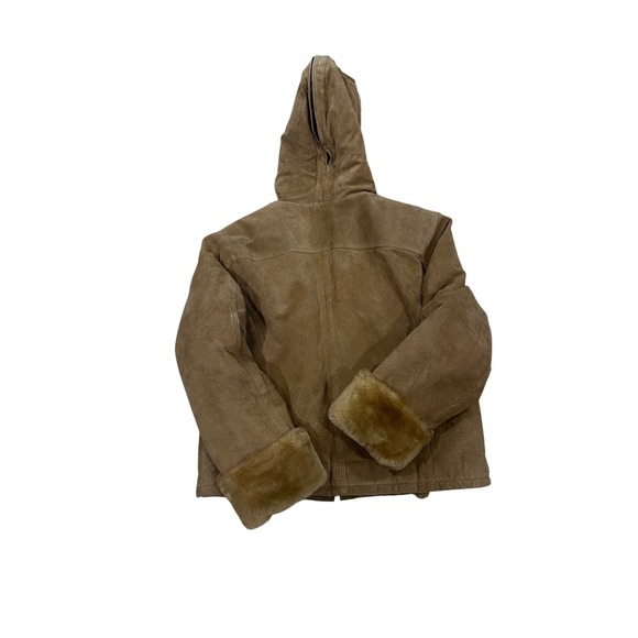 Baby Phat Tan Suede Faux Fur Shearling Jacket Zip Split Hood Vintage Y2K Womens - Picture 6 of 6